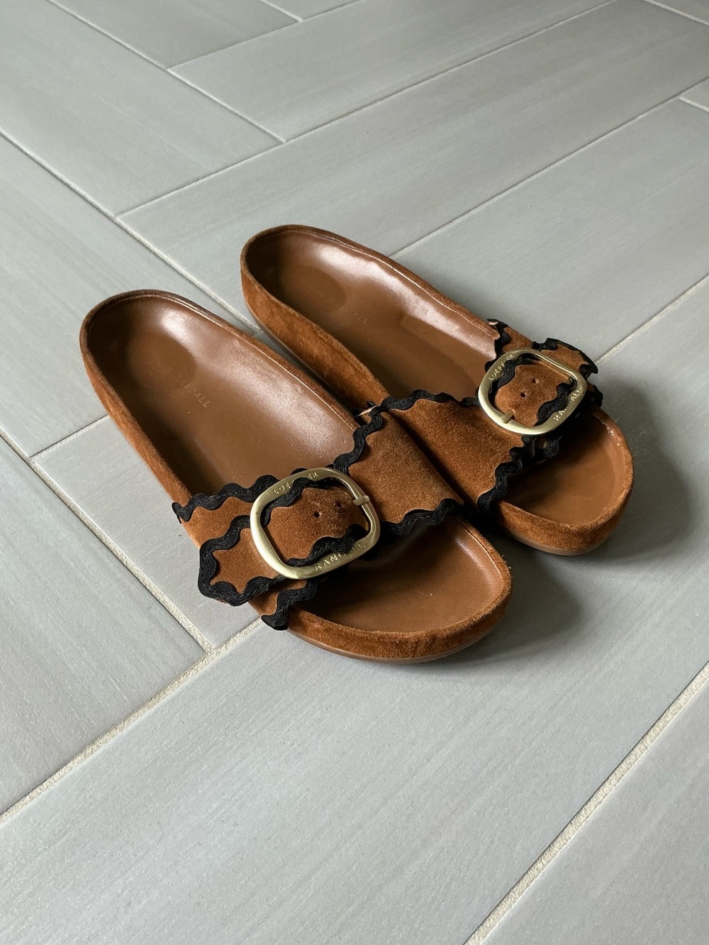Loeffler Randall Brown Suede Slides with Black Trim and Brass Buckle
